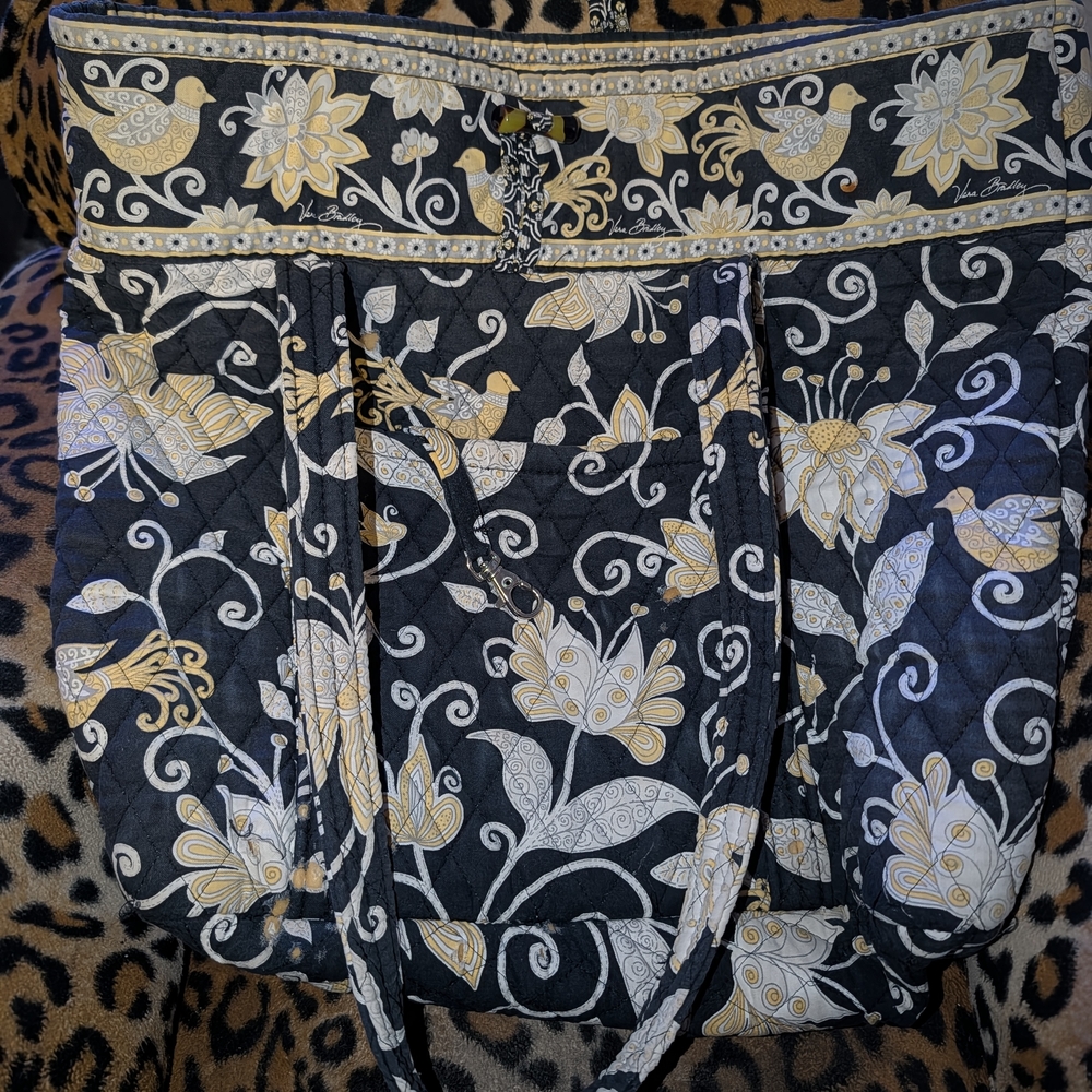 Vera Bradley Quilted Tote Bag - Black with Yellow & White Floral
